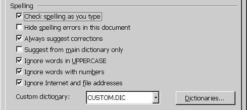 Screenshot of spelling options include checking as you type, suggestions, and what to ignore