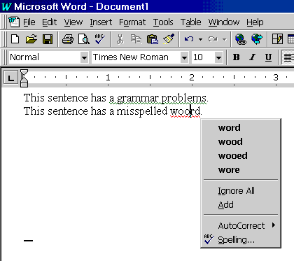Screensot of Word97 showing the red and green underlines for spelling and grammar errors